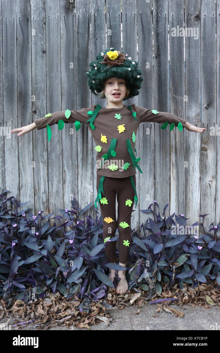Little Girl fingiendo ser un árbol en su traje casero Fotografía de stock -  Alamy