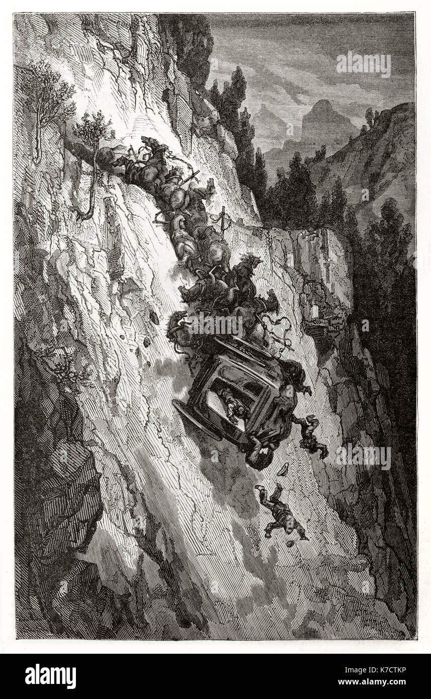 Ilustración de un antiguo entrenador de caer en un barranco. Por Dore, publ. en le Tour du Monde, París, 1862 Foto de stock