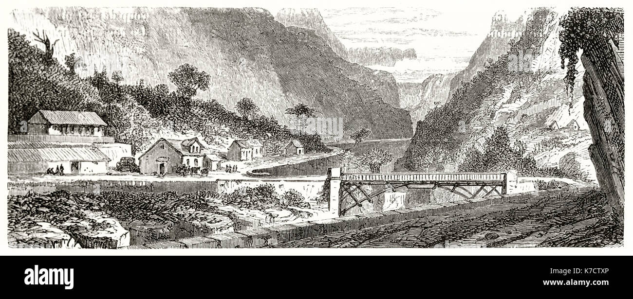 Vista del viejo puente Escalier, junto a la carretera de Salazie, isla de La Reunion. Por De Berard después Roussin, publ. en le Tour du Monde, París, 1862 Foto de stock