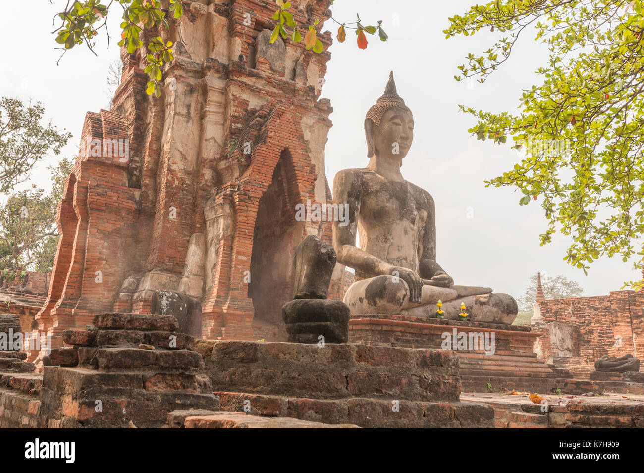 Estatua de Buda en Wat Mahathat (Templo de la Gran reliquia), Ayutthaya, Tailandia. Foto de stock