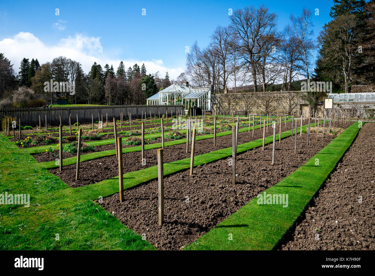 Jardín de camas y un invernadero en los jardines del Castillo Balmoral, Escocia Foto de stock