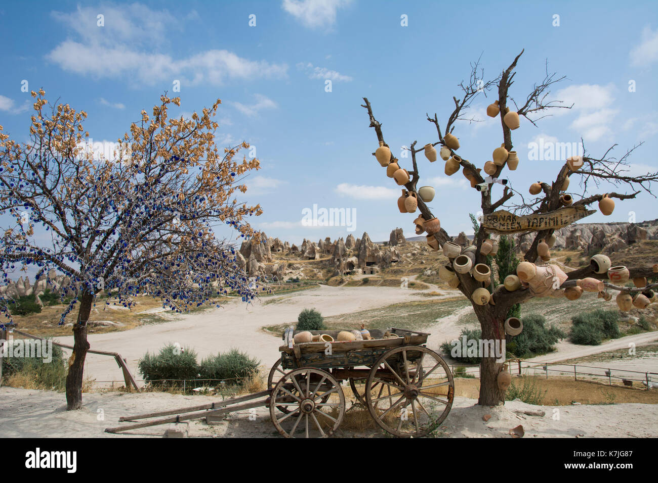 Una diligencia y un viejo árbol seco lleno de macetas en Capadocia, turístico reserva nacional en Turquía Foto de stock