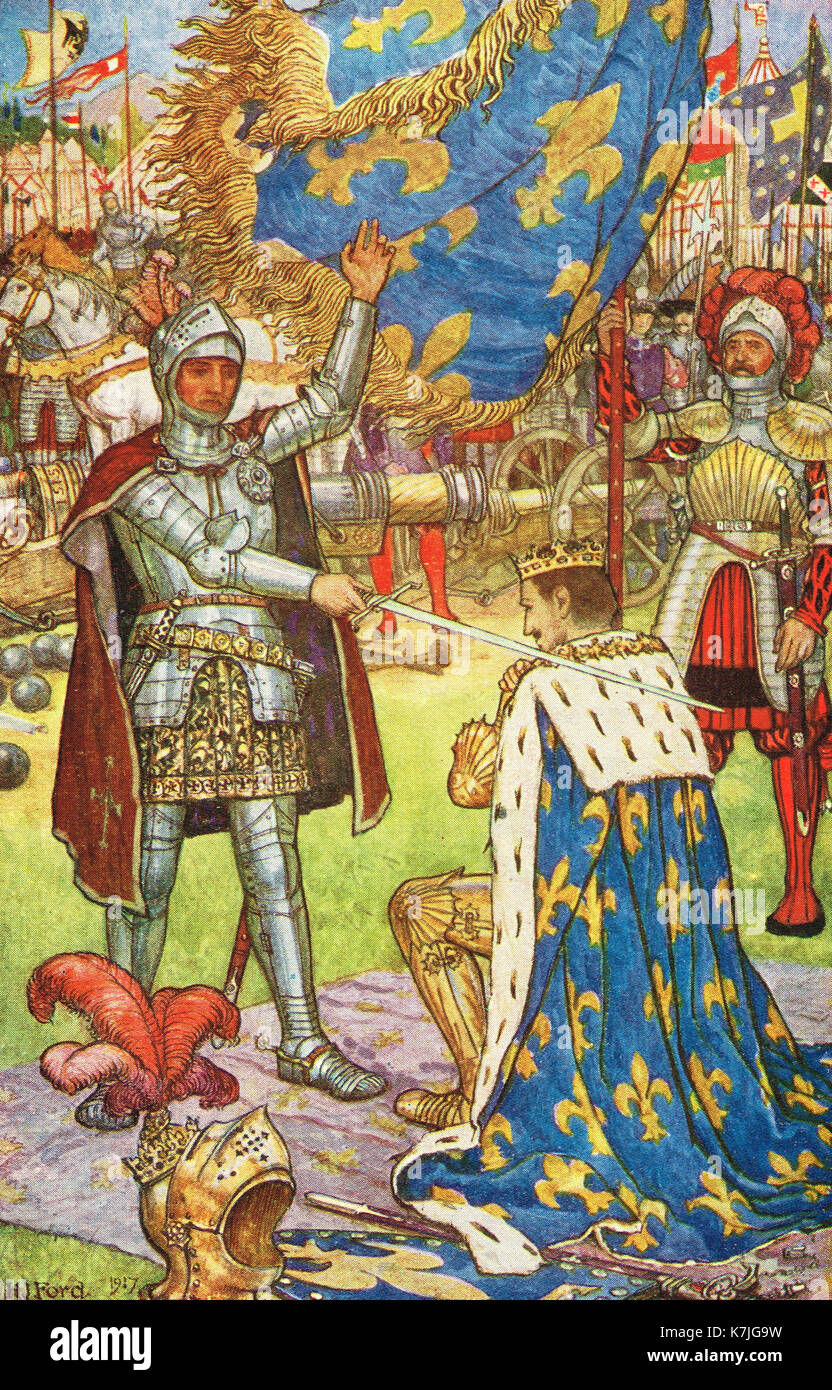 Francisco I, rey de Francia recibe la orden de caballería de Chevalier de bayard (el buen caballero), después de la batalla de marignano, 1515 Foto de stock