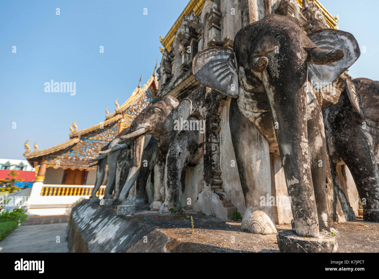 Chedi Chang Lom (Elephant Chedi) y Wihan de Wat Chiang Man, Chiang Mai, Tailandia, Sudeste de Asia Foto de stock