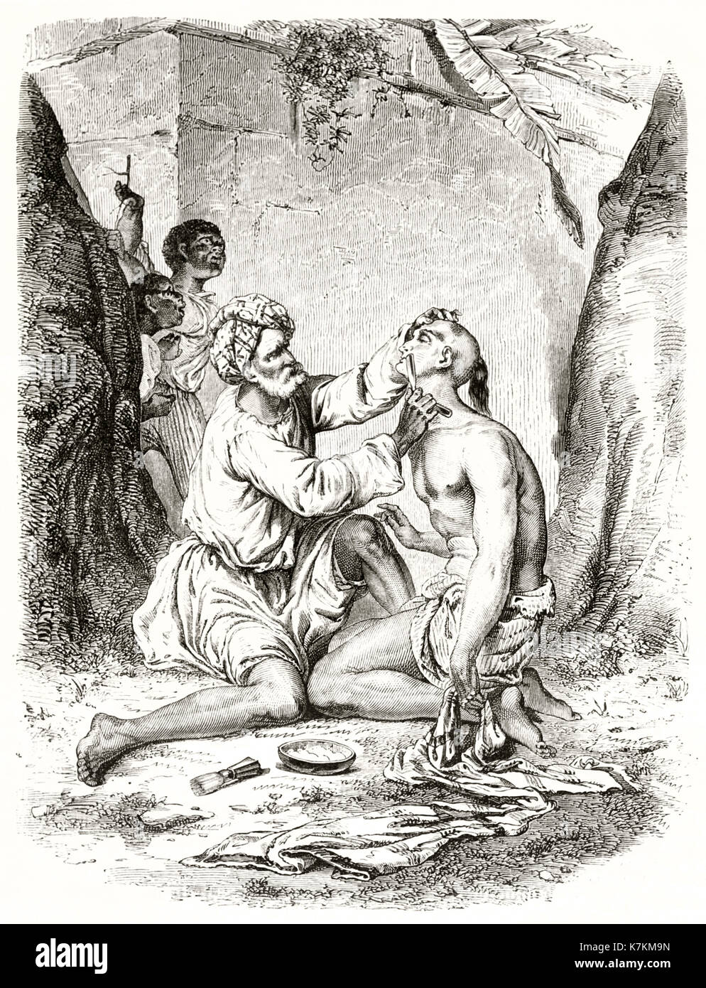 Ilustración antigua del indio barber en la isla de la reunión. Por De Berard después Roussin, publ. en le Tour du Monde, París, 1862 Foto de stock