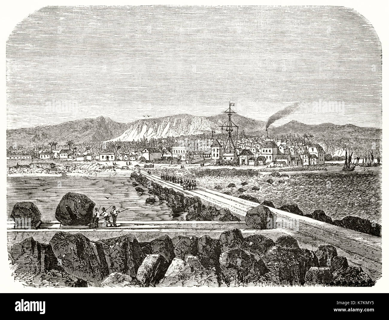 Vista anterior de Saint-Pierre, Isla de la Reunion (construcción de puertos). Por Therond después Roussin, publ. en le Tour du Monde, París, 1862 Foto de stock