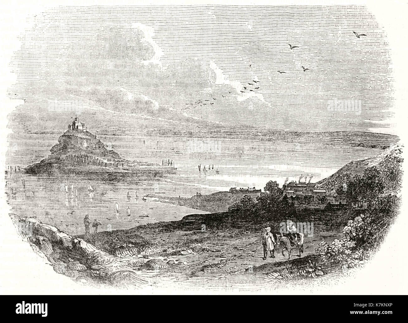 Vista anterior de Mount's Bay, Cornwall, Reino Unido. Por autor no identificado, Publ. de la Penny Magazine, Londres, 1837 Foto de stock