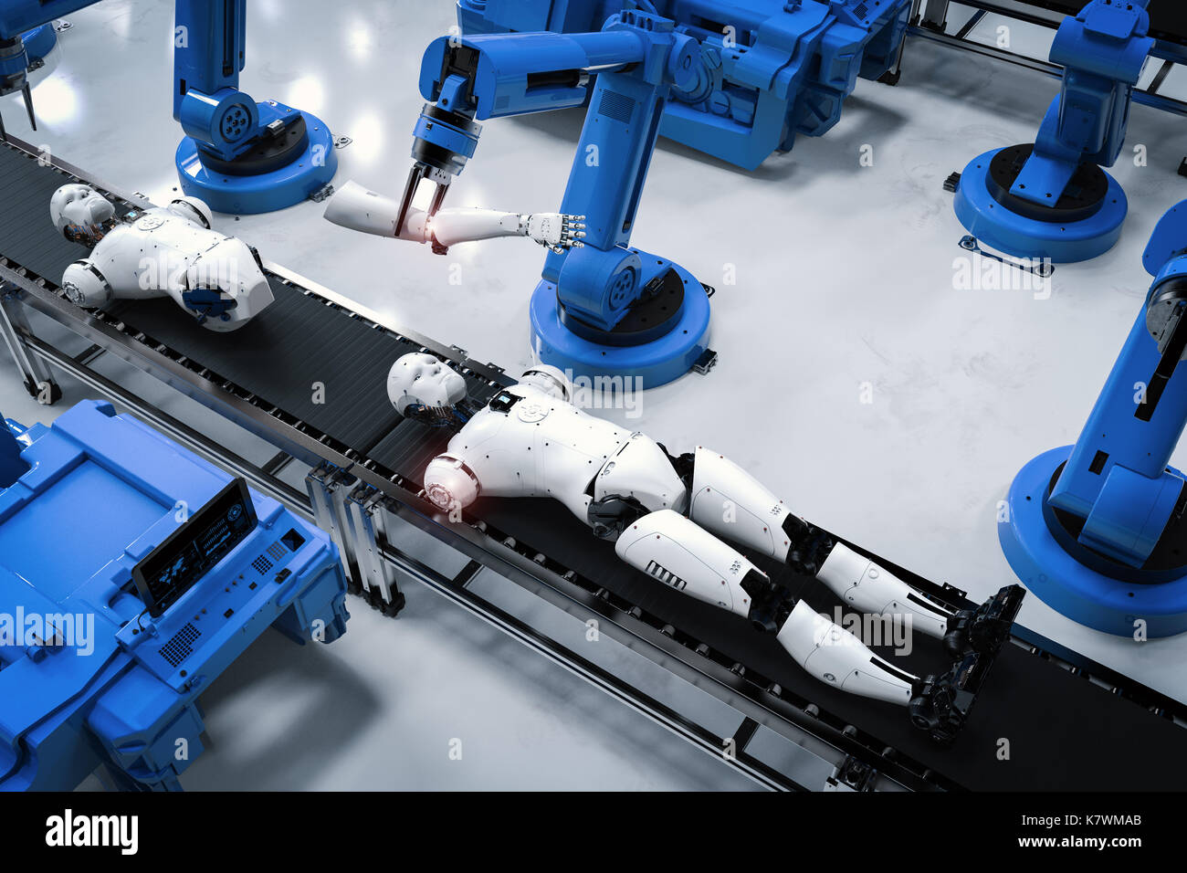 3D rendering robot cyborg productoras de línea de montaje en la ...