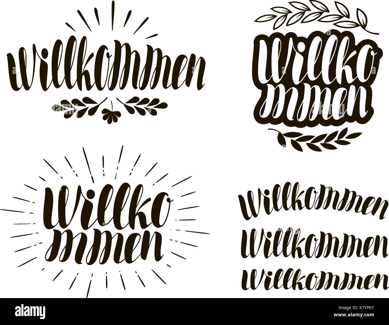 Willkommen, letras manuscritas ilustración vectorial de caligrafía. Ilustración del Vector