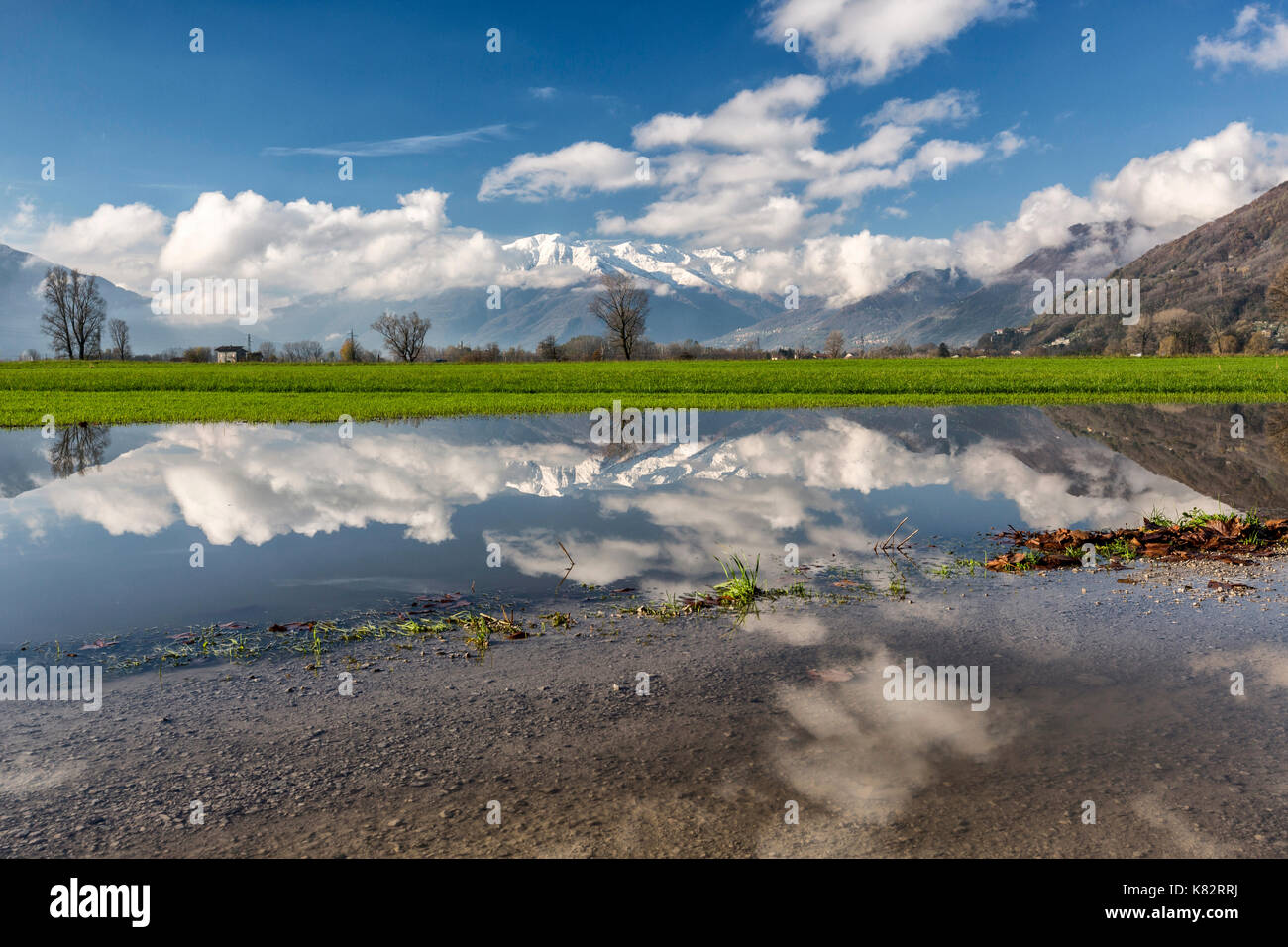 La reserva natural de Pian di Spagna inundado con picos nevados se reflejan en el agua valtellina Lombardía Italia Europa Foto de stock