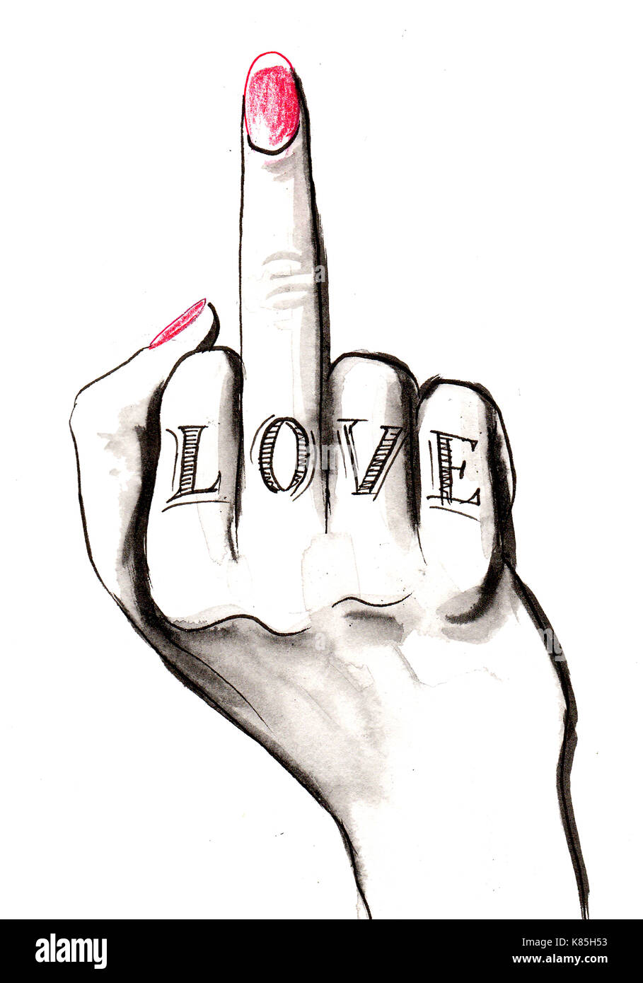 Mano con amor tatuaje mostrando dedo medio. Dibujo de Tinta Fotografía de  stock - Alamy