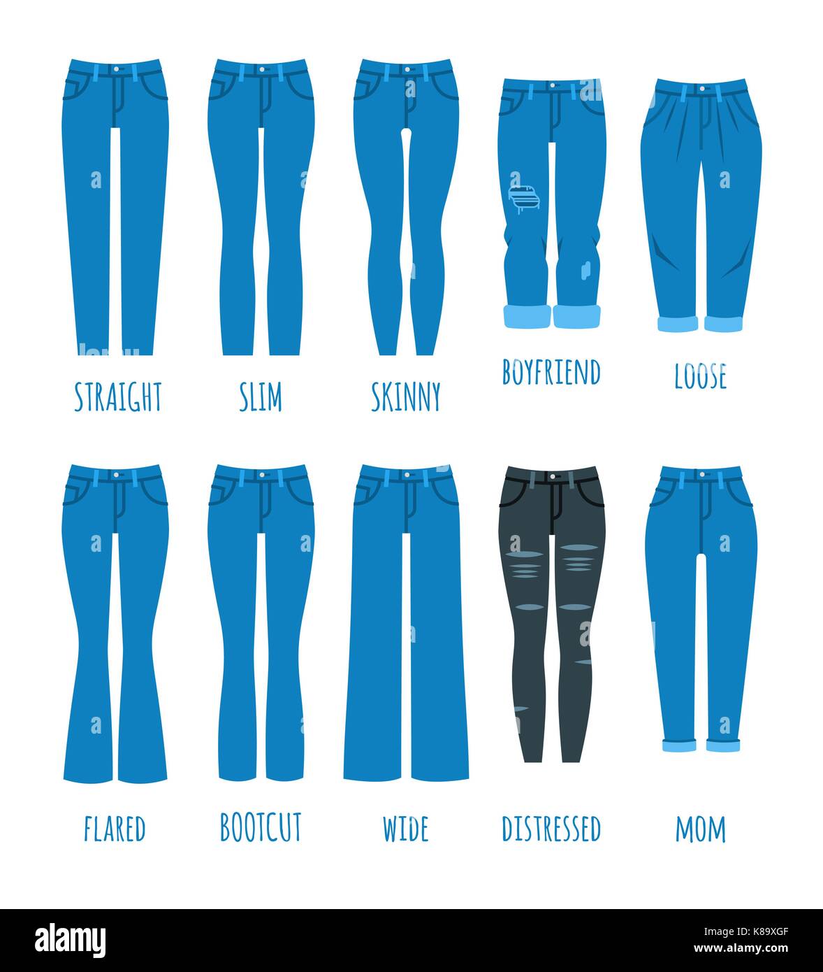 Las mujeres jeans colección Styles. denim moda femenina moda pantalones.  Los modelos de pantalón de algodón para chica moderna. plano vector iconos.  guía de ropa infogra Imagen Vector de stock - Alamy