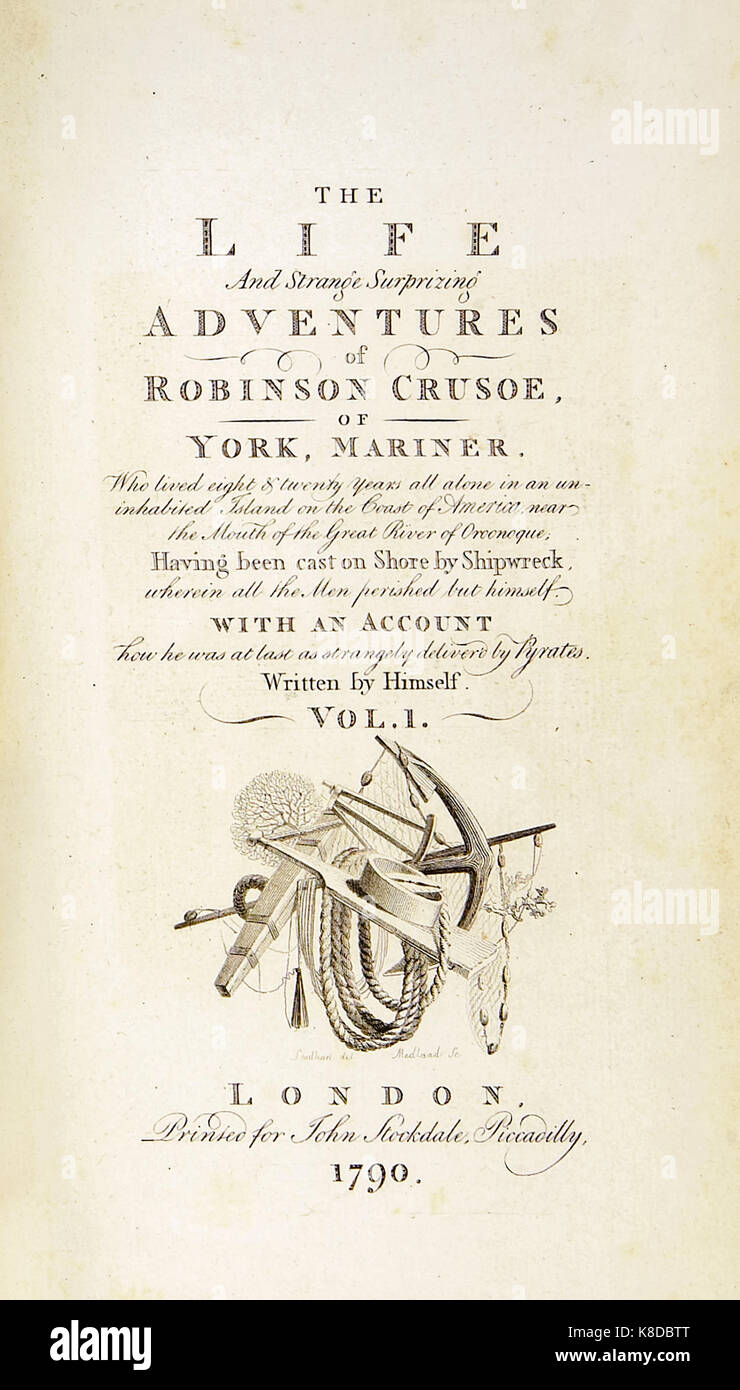 "Robinson Crusoe" página del título de "La vida y extrañas sorprendentes aventuras de Robinson Crusoe, o York, Marinero", de Daniel Defoe (1660-1731). Ilustración de Thomas Stothard (1755-1834) grabado por Thomas Medland (1765-1833). Ver más información a continuación. Foto de stock