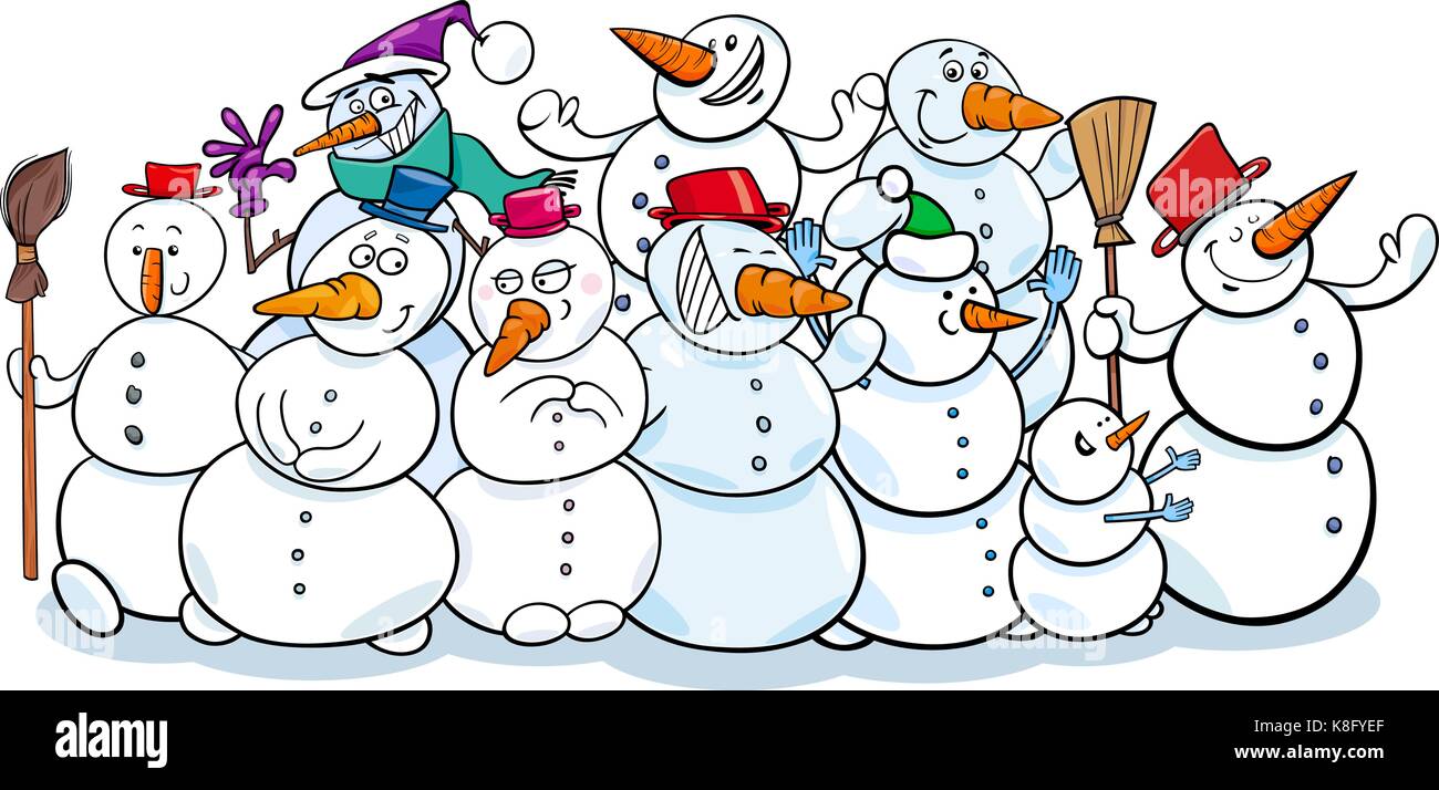 Ilustracion De Dibujos Animados De Munecos De Nieve Divertido Grupo De Personajes De Fantasia Imagen Vector De Stock Alamy