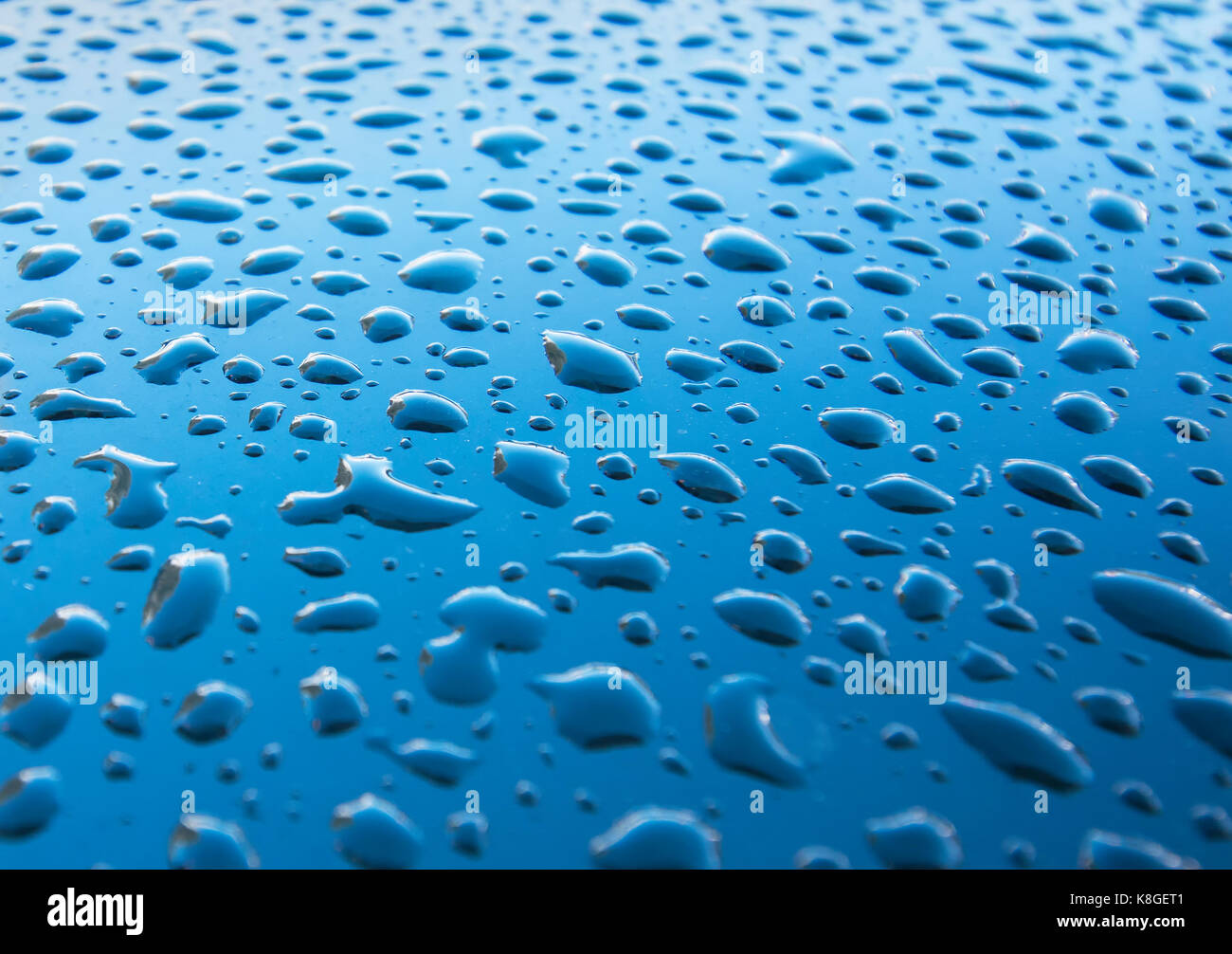 Gotas de agua sobre el azul, detalle de un agua superficial wet blue Foto de stock