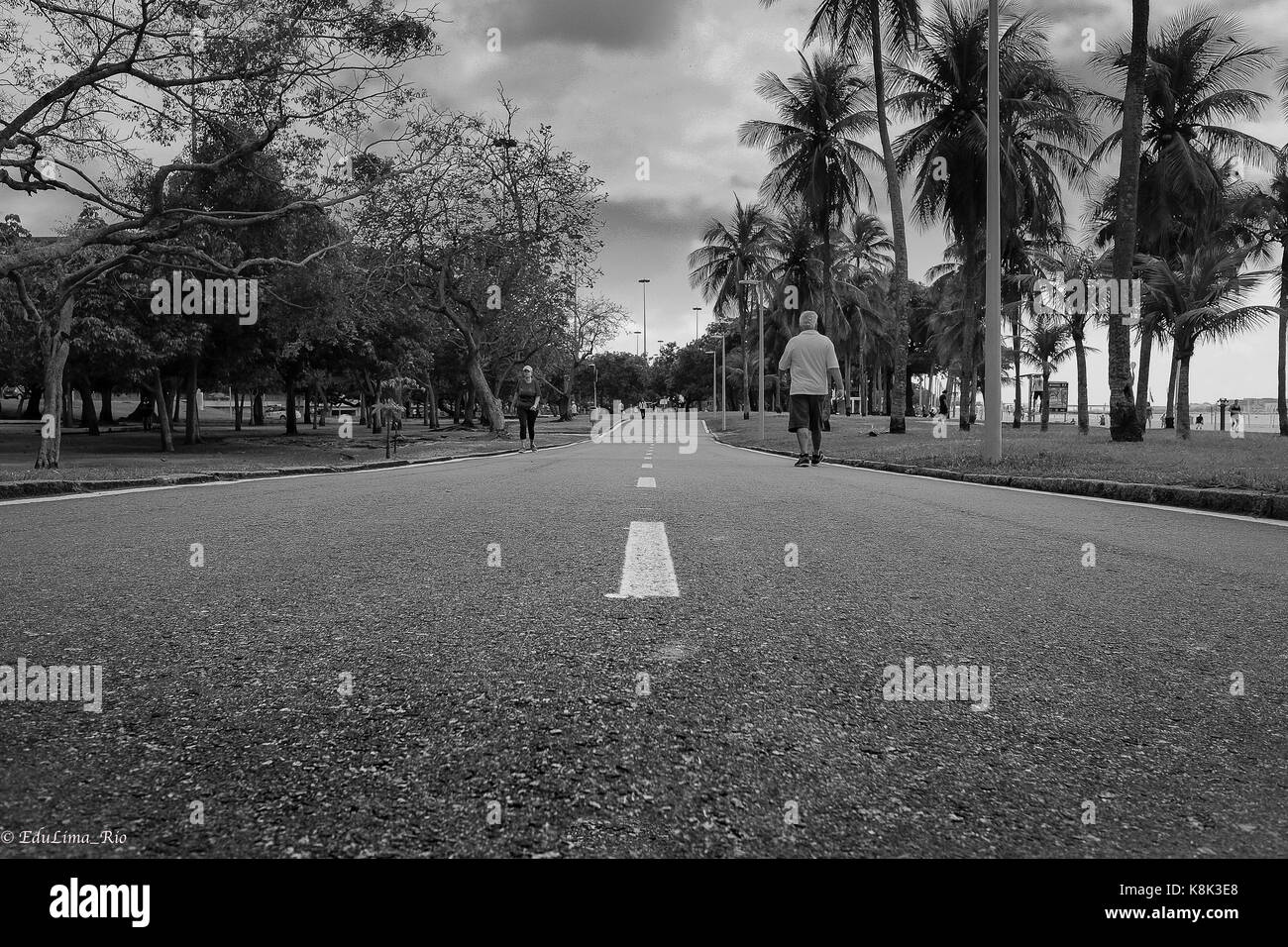 Plataforma de paseo en el parque de Flamengo en Río de Janeiro, Brasil. Captura en blanco y negro con una vista de bajo nivel y una sensación de perspectiva espectaculares Foto de stock