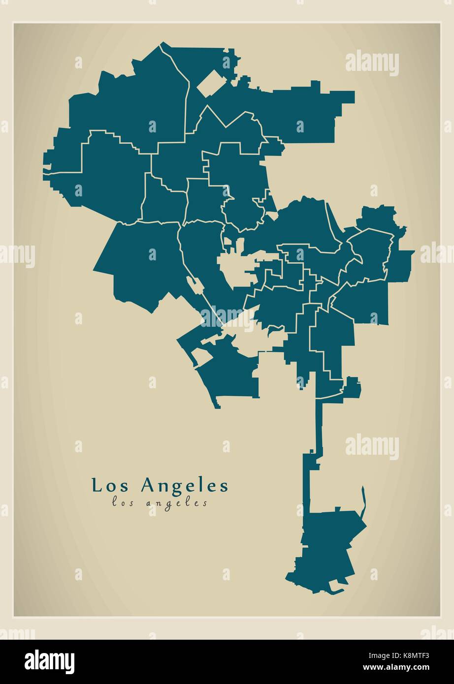 legación palma Emulación Mapa de la ciudad moderna de la ciudad de Los Angeles, Estados Unidos con  distritos Imagen Vector de stock - Alamy