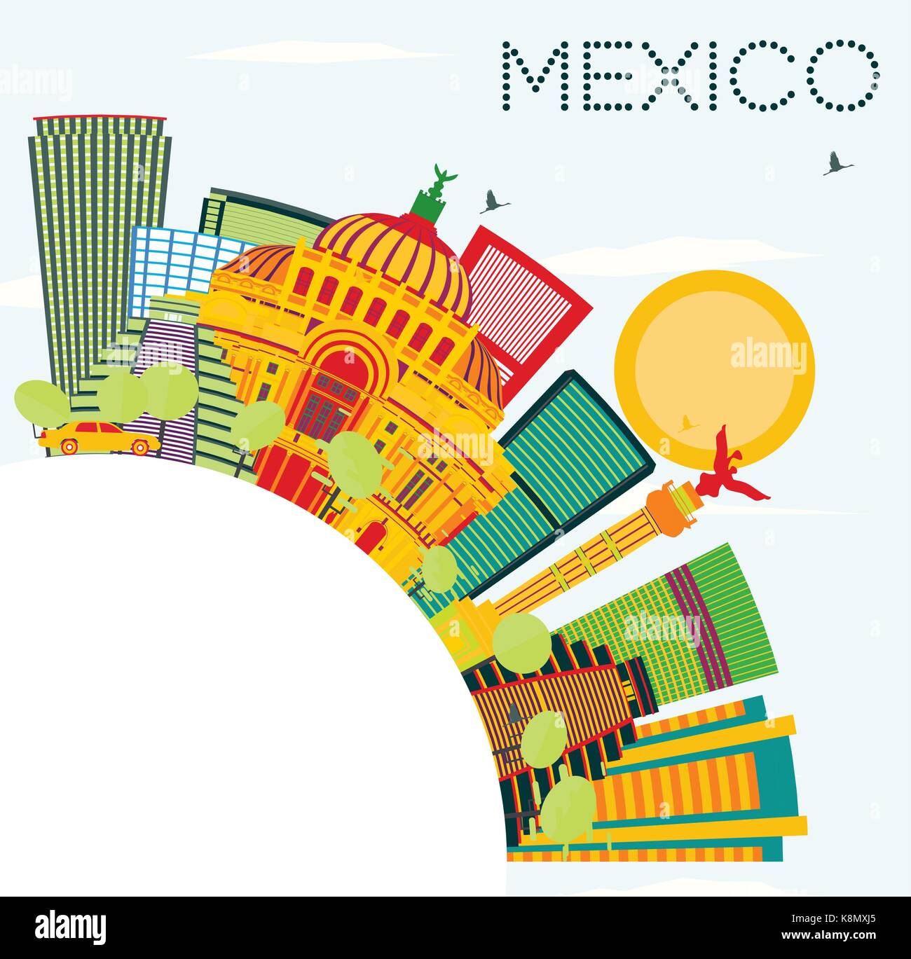 México skyline con edificios de color, cielo azul y copie el espacio. ilustración vectorial. Viajes de negocios y turismo concepto con la arquitectura histórica. Ilustración del Vector