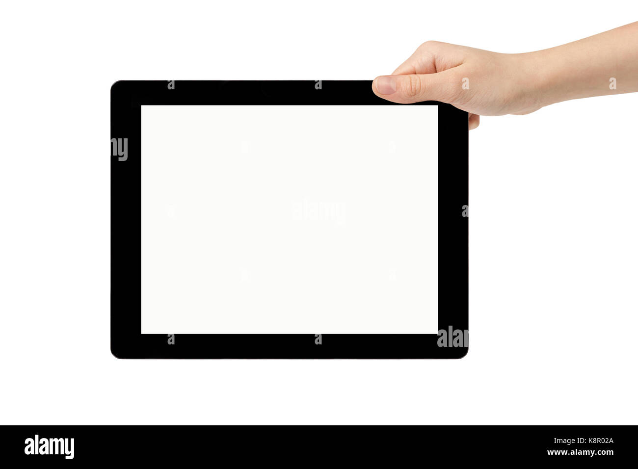 Adolescente femenina mano sujetando tablet pc con pantalla blanca Foto de stock