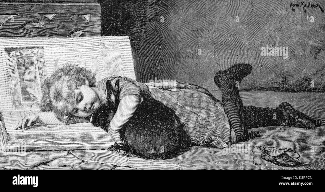 Chica está tratando de enseñarle a su lectura de liebre, Mädchen versucht ihrem Hasen das Lesen beizubringen, mejor reproducción digital de una xilografía, publicada en el siglo XIX Foto de stock