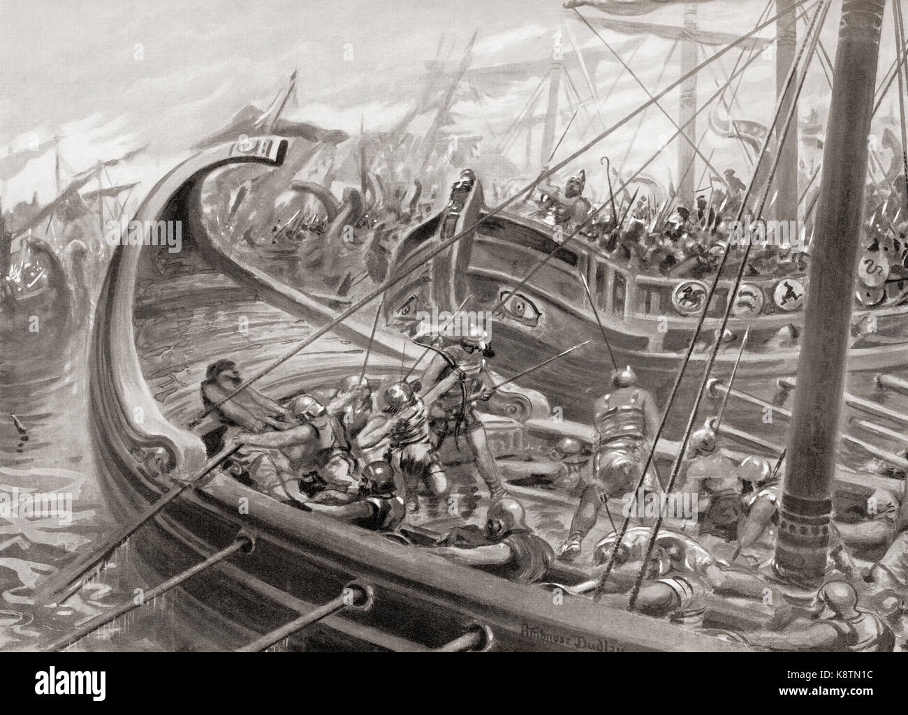 Los colonos griegos phocaean chocan en el mar con los cartagineses y etruscos en la batalla naval de alalia, c. 536 A.C. después de la pintura por Ambrosio Dudley, (1867-1951). A partir de la historia de Hutchinson de las naciones, publicado en 1915. Foto de stock