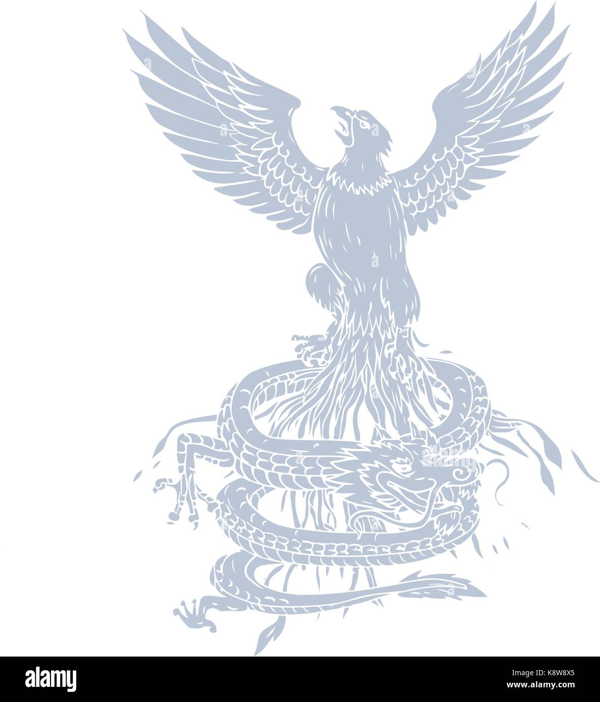 Ilustración estilo boceto de dibujo de un águila volando bajo dragon  enrrollado alrededor con las montañas en el fondo Imagen Vector de stock -  Alamy