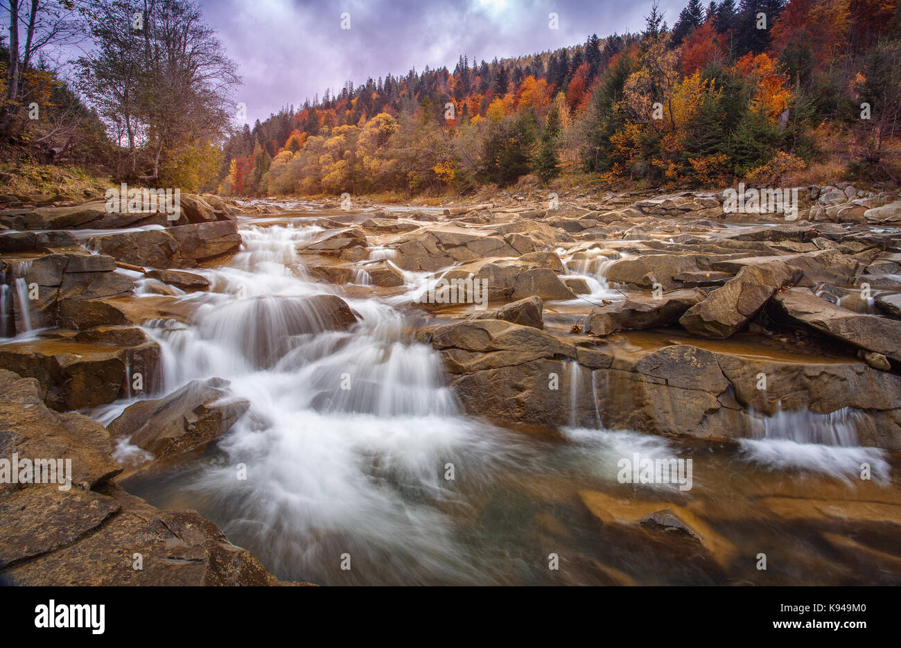 Restless peligroso río de montaña con piedras. el río en el bosque de otoño Foto de stock