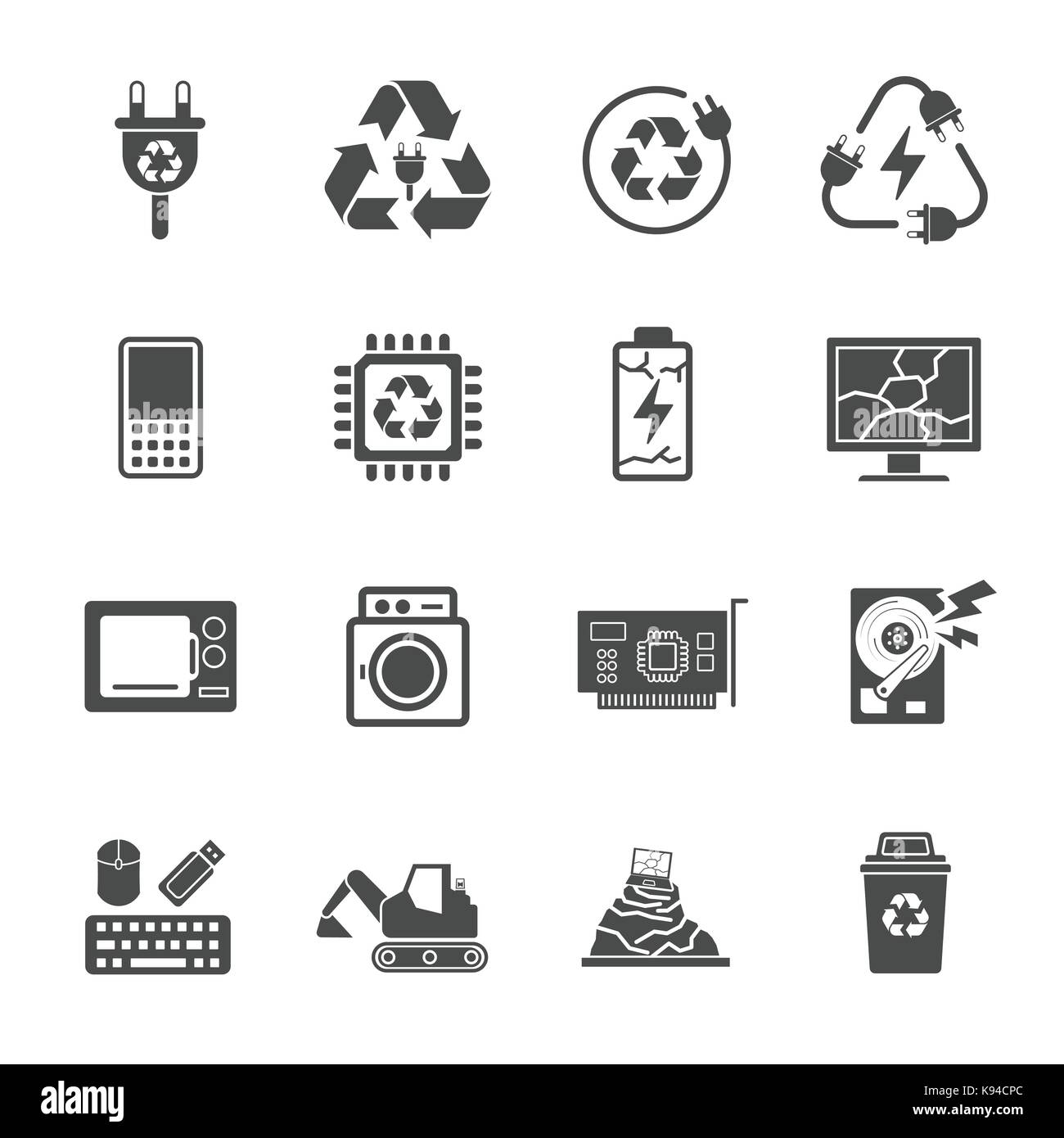 Reciclaje de basura, la basura electrónica contiene iconos tales como los residuos electrónicos, el monitor, el teléfono, la batería y mucho más. Ilustración del Vector