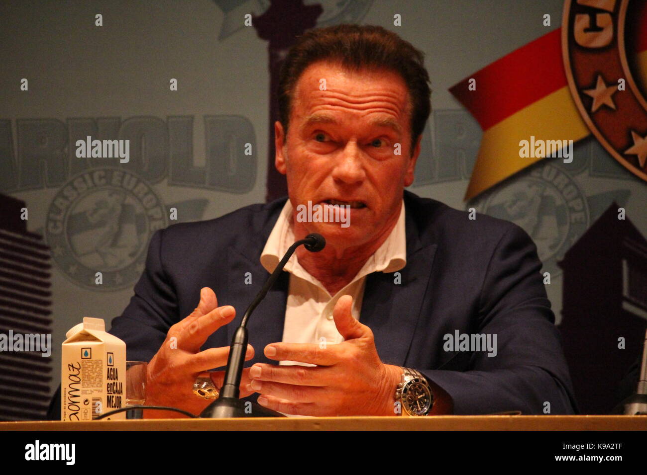 Barcelona, España - 22 de septiembre de 2017: el actor y ex gobernador del estado de California, Arnold Schwarzenegger, que participan en la conferencia de prensa en la apertura de la 7ª edición de "arnold classic europe" de Barcelona, una de las mayores ferias multi-deportivo con más de 1.500 atletas de todo el mundo. El evento incluirá actividades, clases magistrales y exposiciones, así como los campeonatos de culturismo y fitness. Un concurso se celebró en cada continente, cada año, con la pierna de Barcelona el evento final de la temporada. Foto de stock