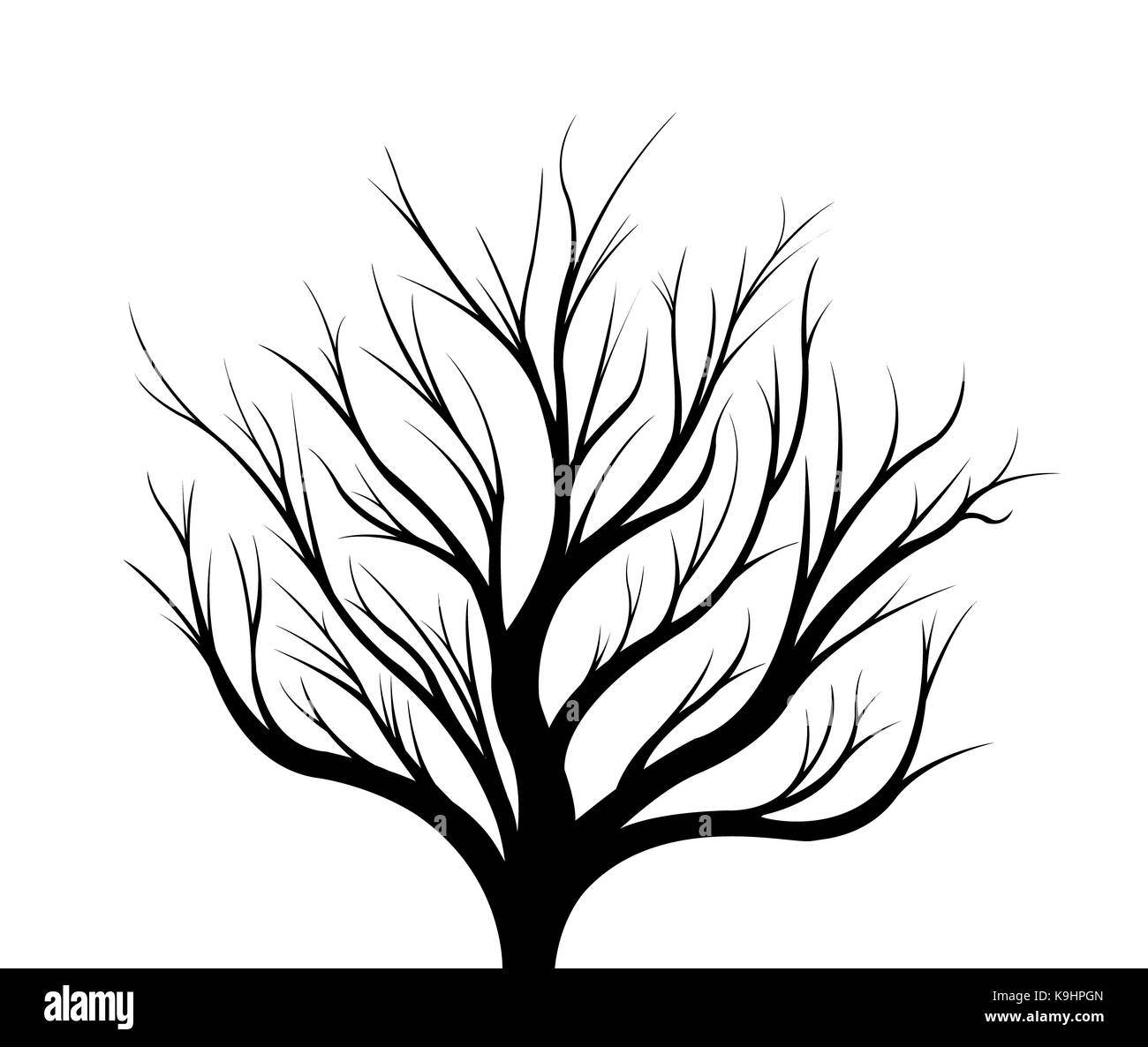 Silueta negra de un árbol sobre un fondo blanco. Ilustración. Foto de stock