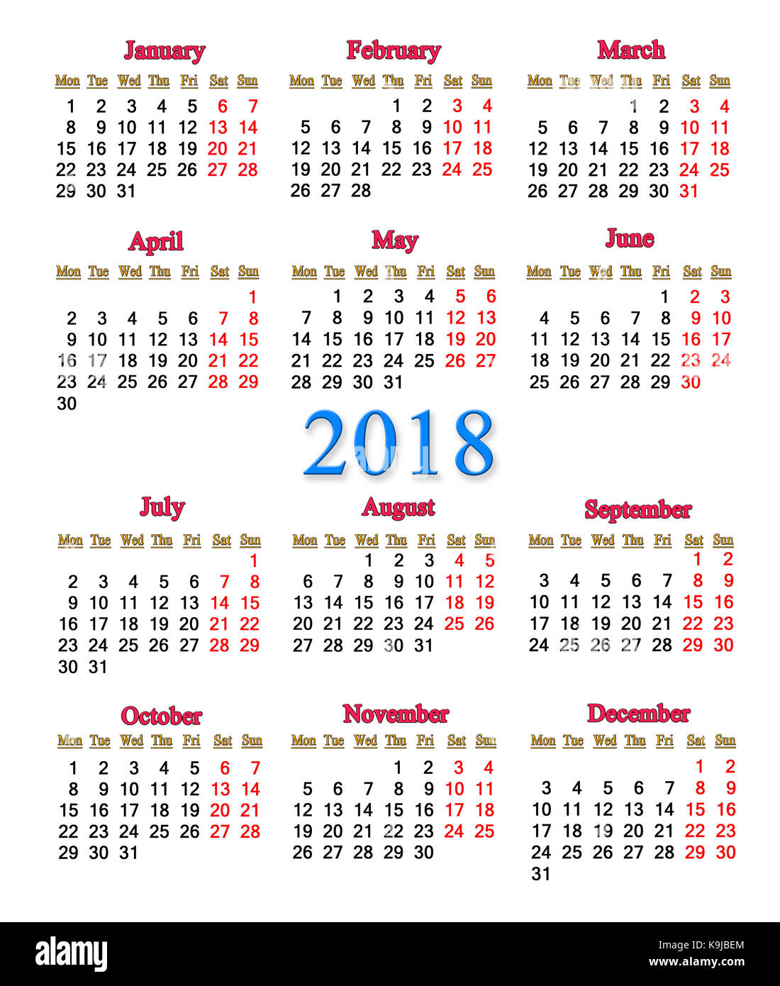 Calendario para 2018 sobre el fondo blanco. En el calendario para el próximo año. Foto de stock