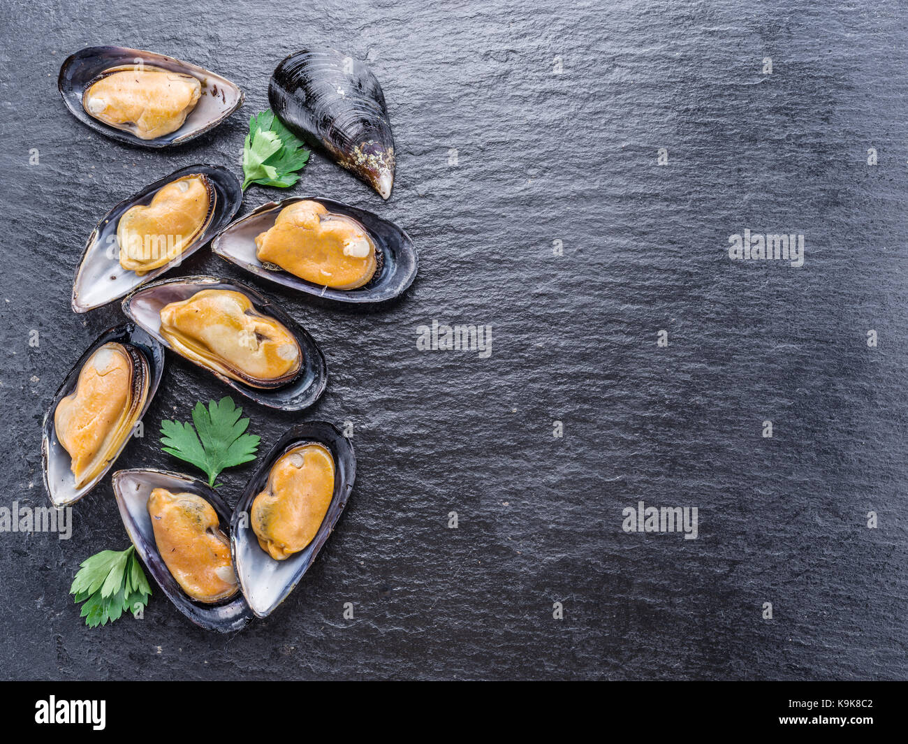 Mejillones hervidos en el fondo de grafito. Foto de stock