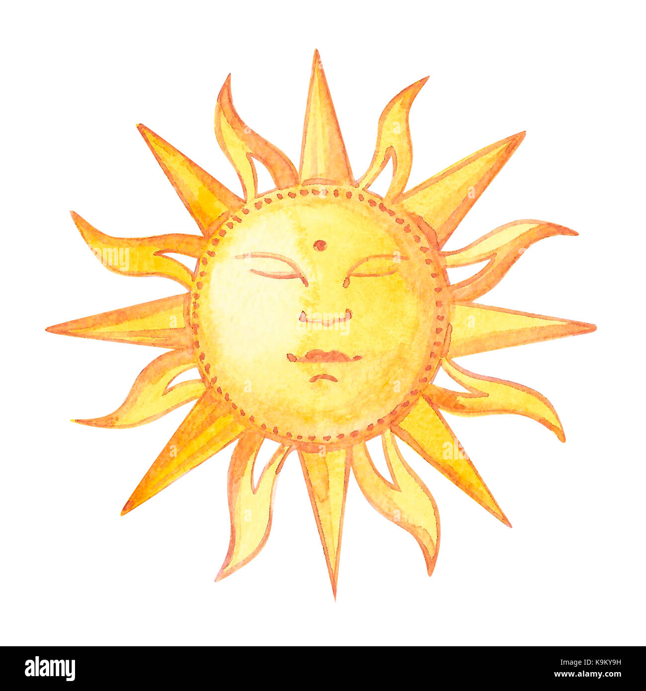 Amarillo brillante sol acuarela ilustración sobre fondo blanco. Foto de stock