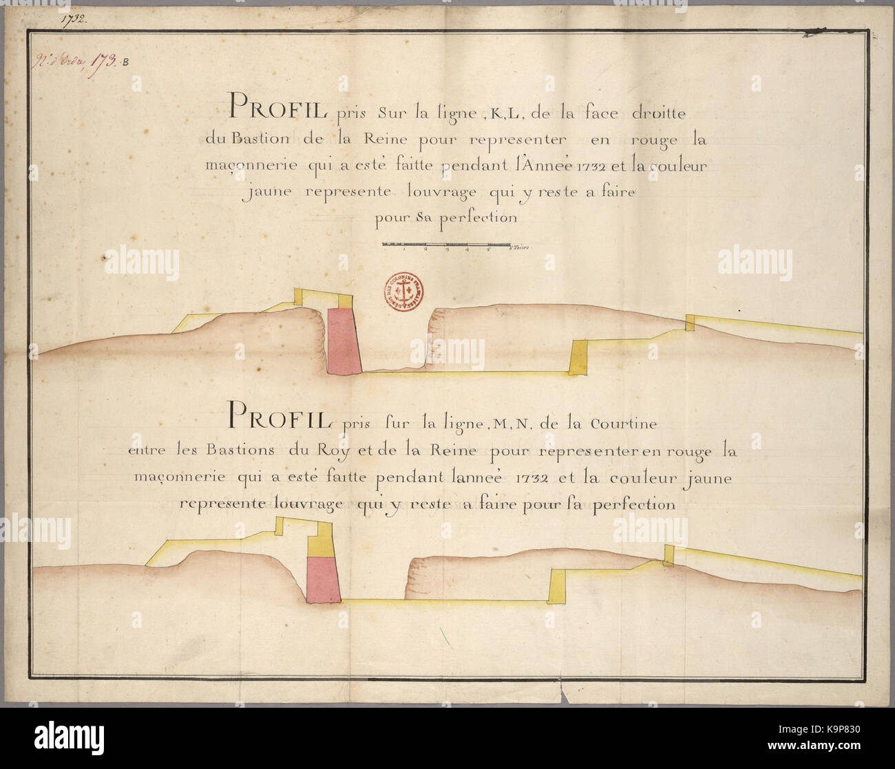 Profils du bastión de la Reyne et de la courtine entre les bastiones du Roy et de la Reyne Foto de stock