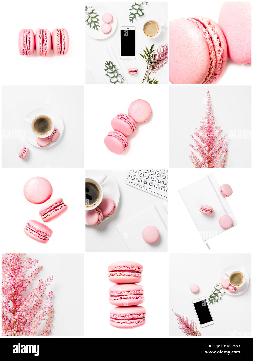 Colección de collage de fotos con café y color rosado pastel mostachones,  minimalista y elegante piso establece que los medios de comunicación social  Fotografía de stock - Alamy