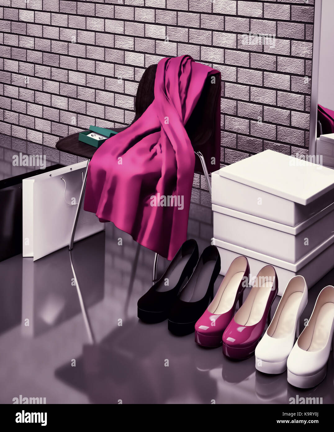 En la tienda de zapatos. Cerca de la silla, pañuelo rojo, bolsas y bolsas  de compras mientras los zapatos tirados en el suelo delante de un espejo  Fotografía de stock - Alamy