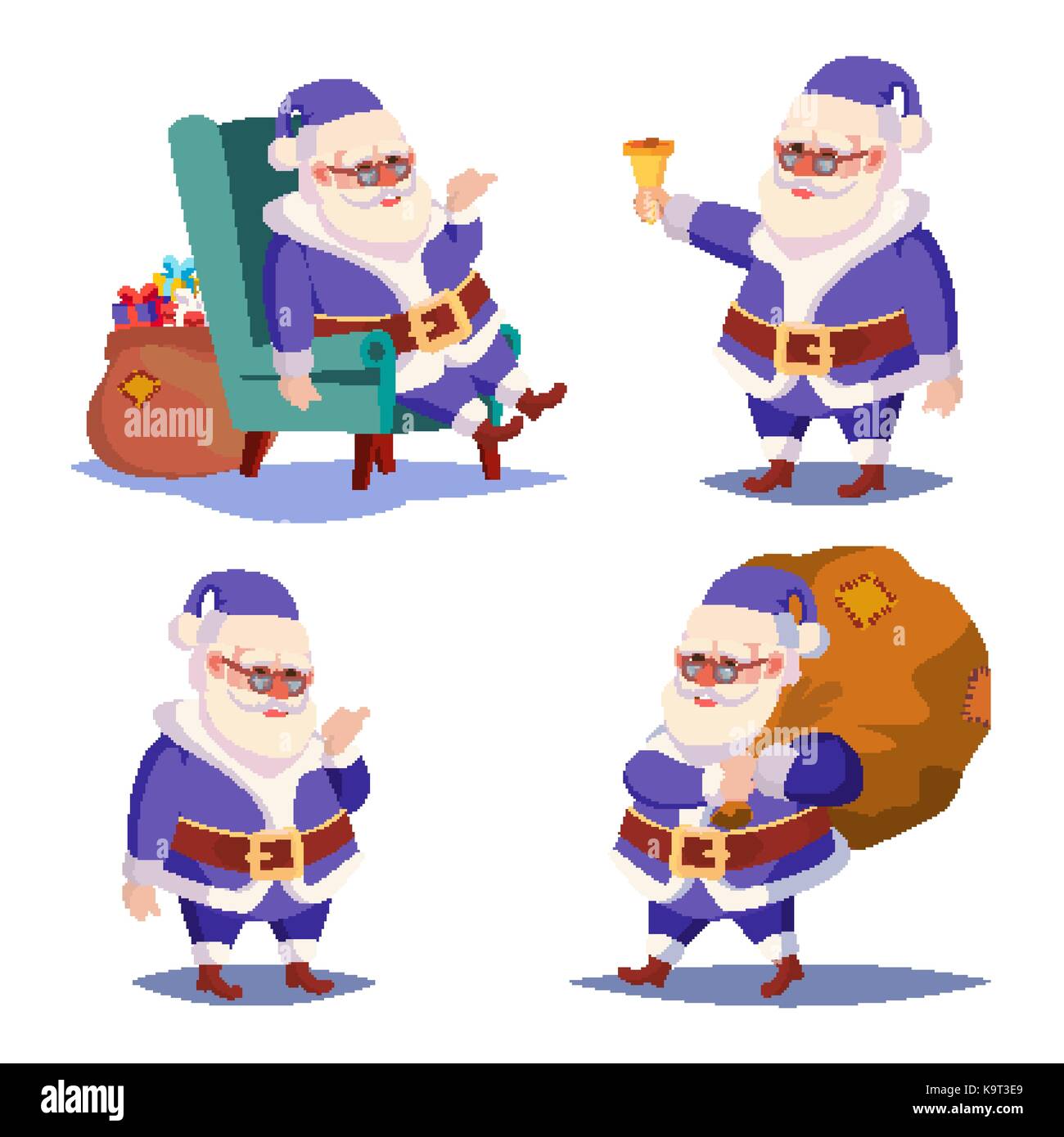 Juego De Santa Claus Aislados Vectores Navidad Cartoon Character Clásico Traje Azul Xmas