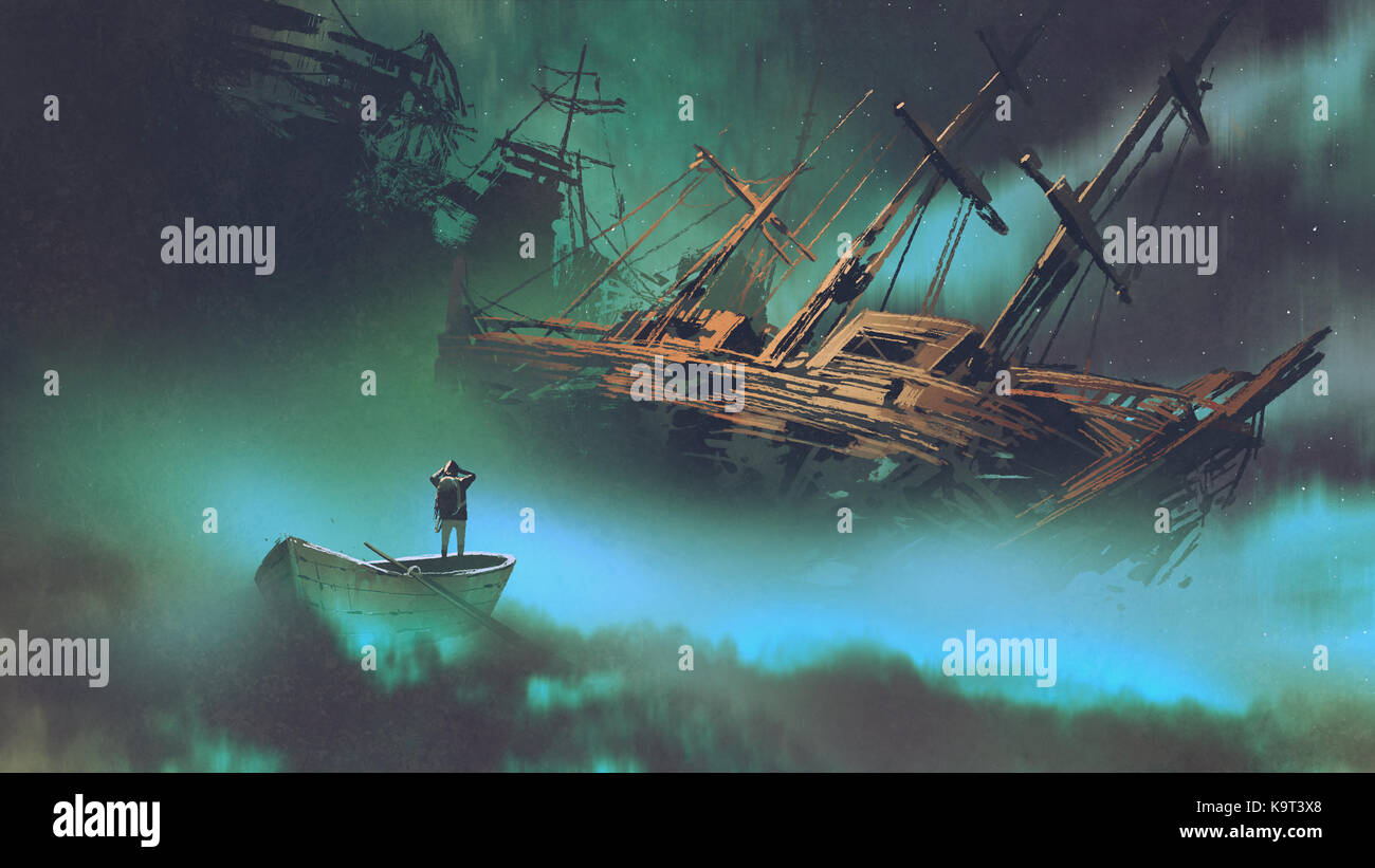 Paisaje surrealista del hombre en un barco en el espacio ultraterrestre con nubes mirando destartalado barco, estilo de arte digital, ilustración pintura Foto de stock