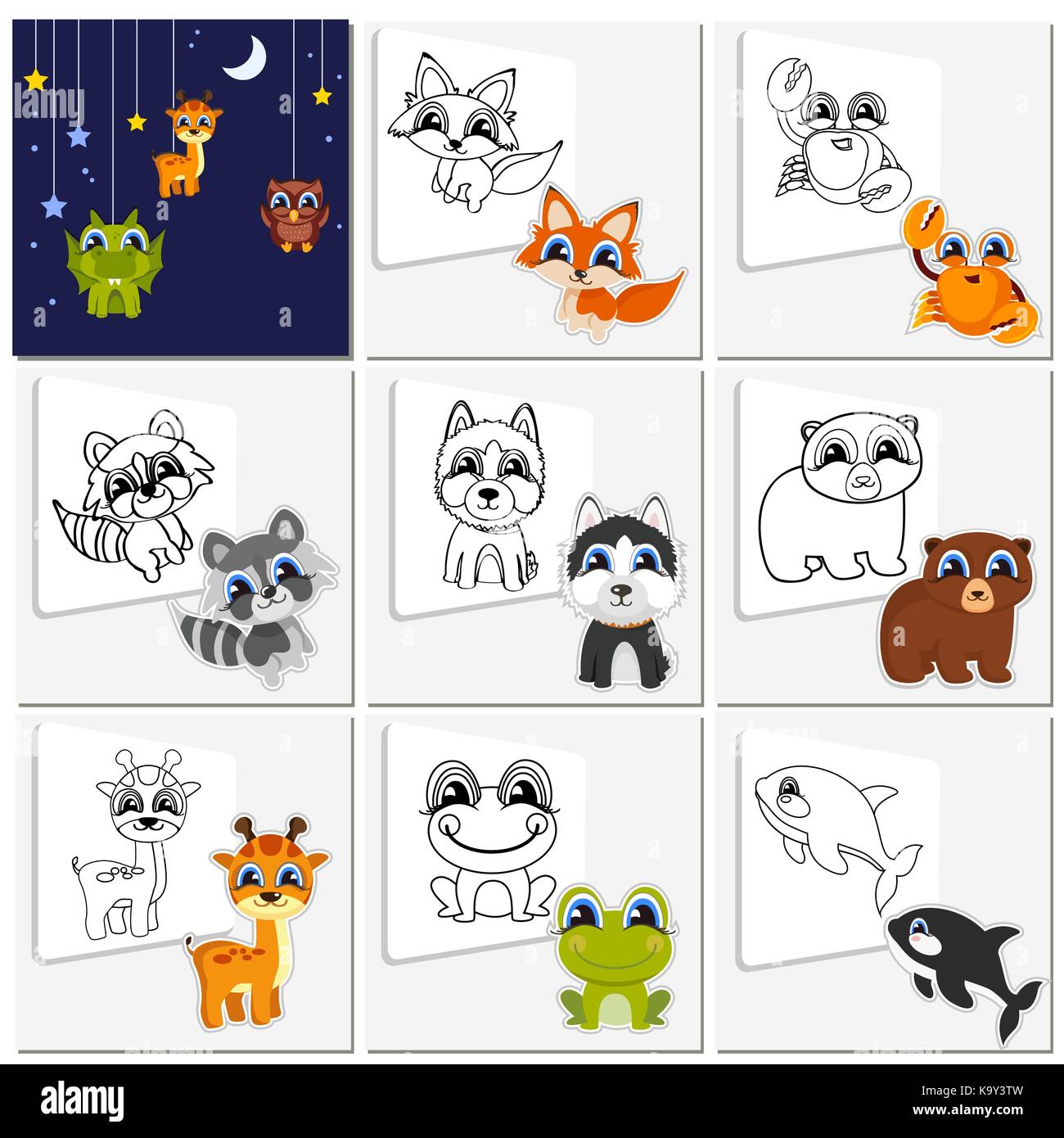 Conjunto de animales de dibujos animados infantiles. colección animalitos  que necesita ser pintado. Páginas del libro de colorear para niños Imagen  Vector de stock - Alamy