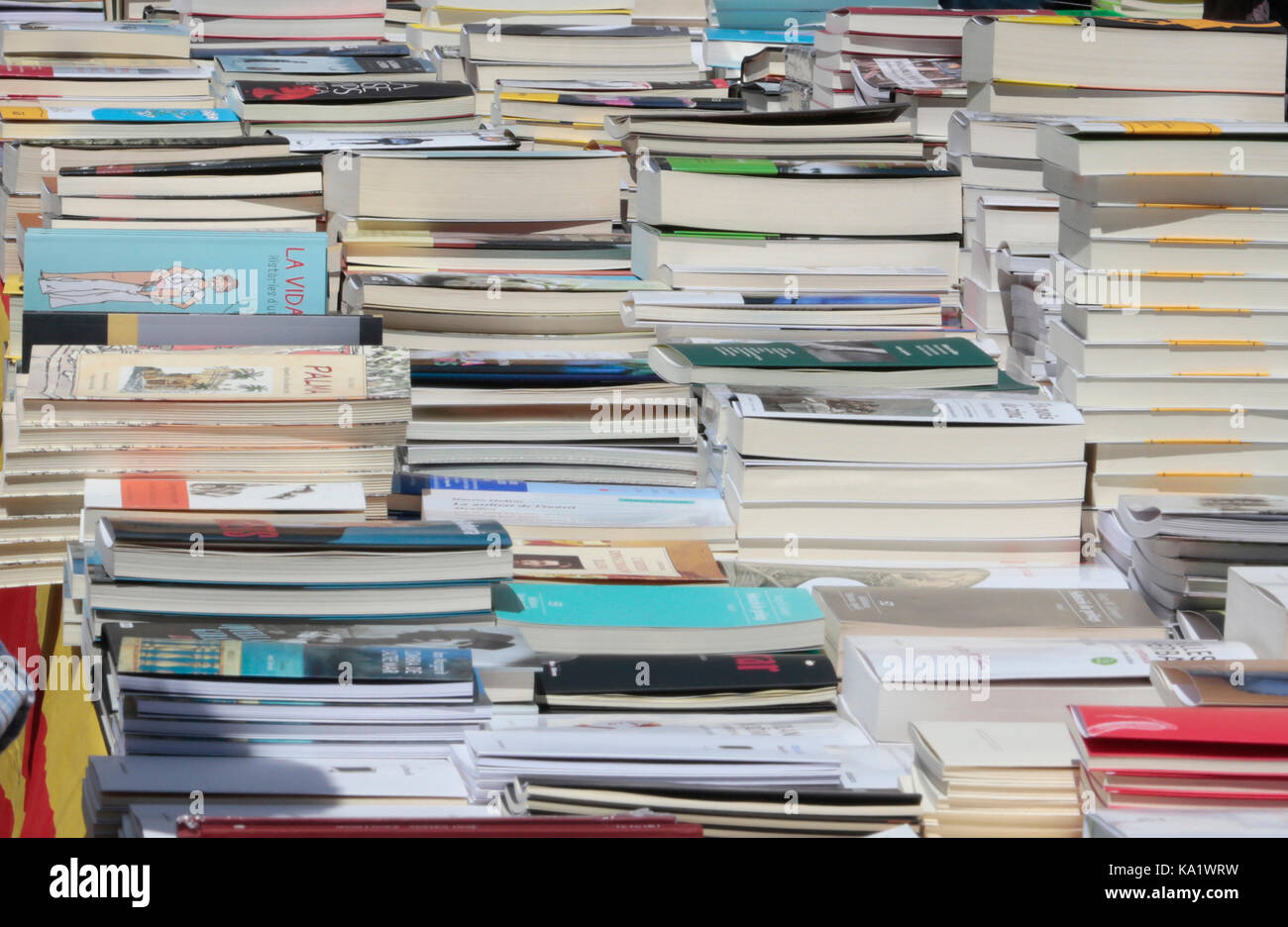 Los libros y los compradores de libros en una calle de día en la isla de Mallorca Foto de stock