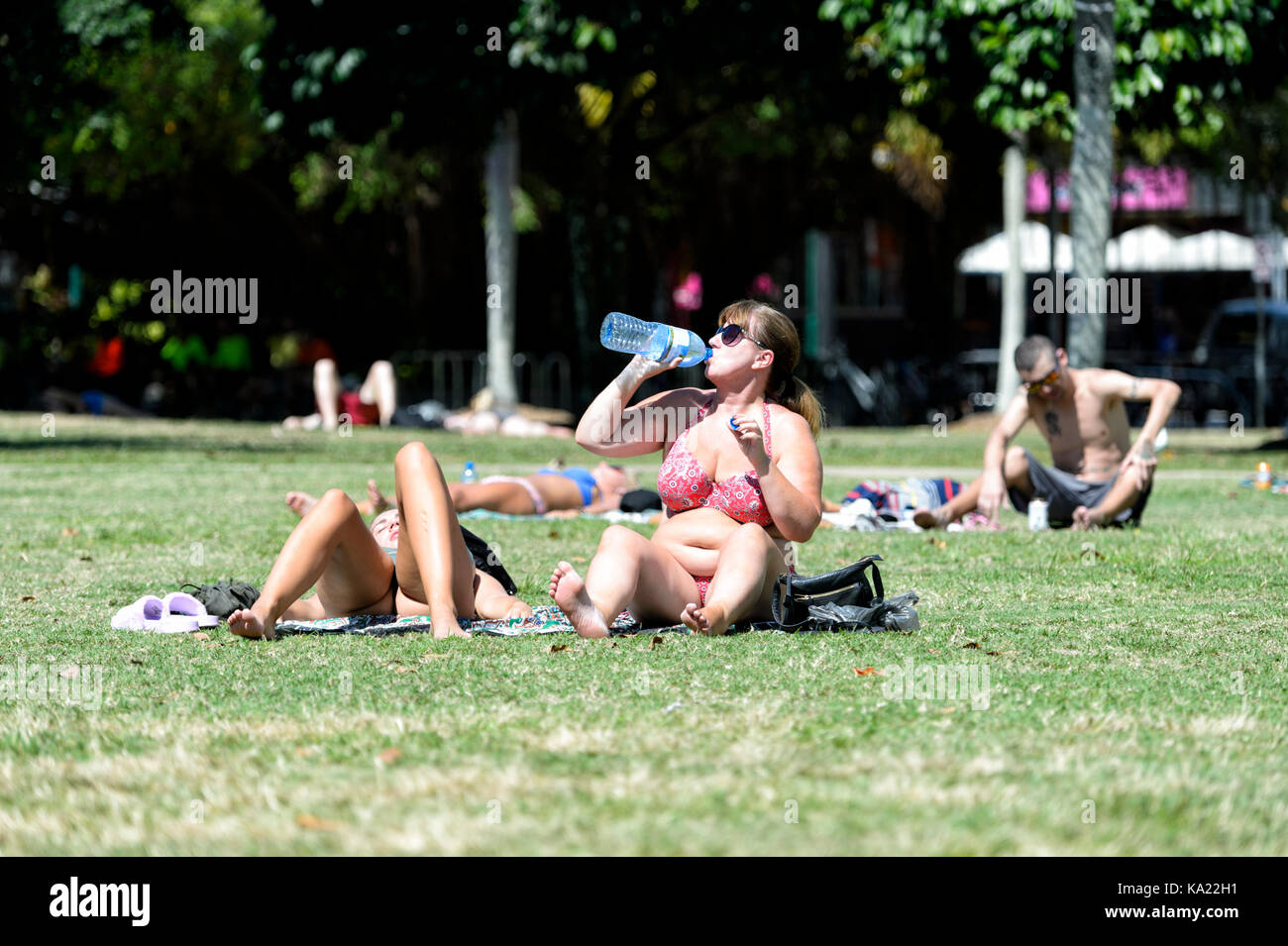 Mujer joven relajarse, tomar el sol y el agua potable en The Esplanade, Cairns, Far North Queensland, FNQ, Queensland, Australia Foto de stock