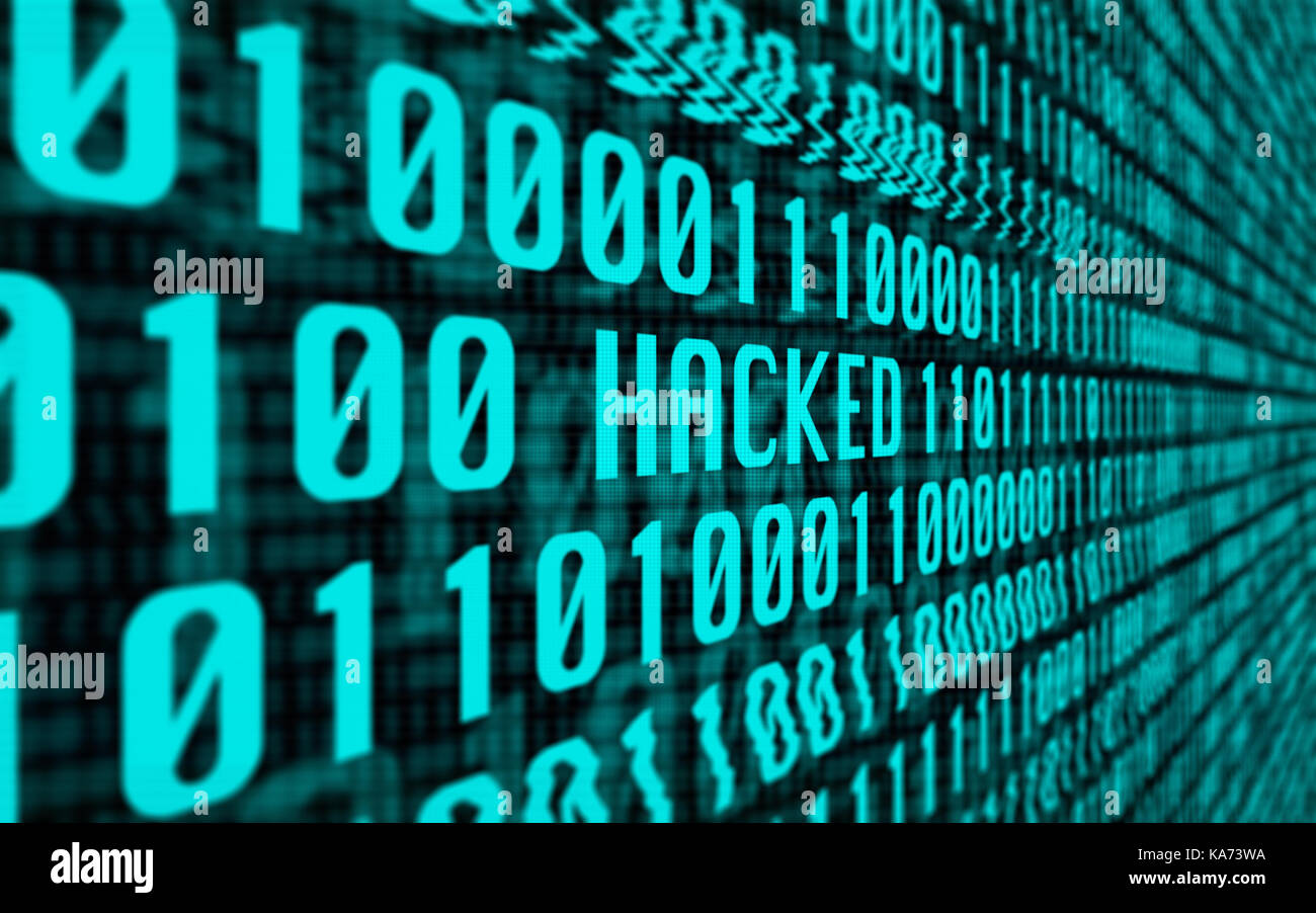 Concepto con una pantalla llena de datos informáticos glitching binaria en la palabra 'hackeado' Foto de stock