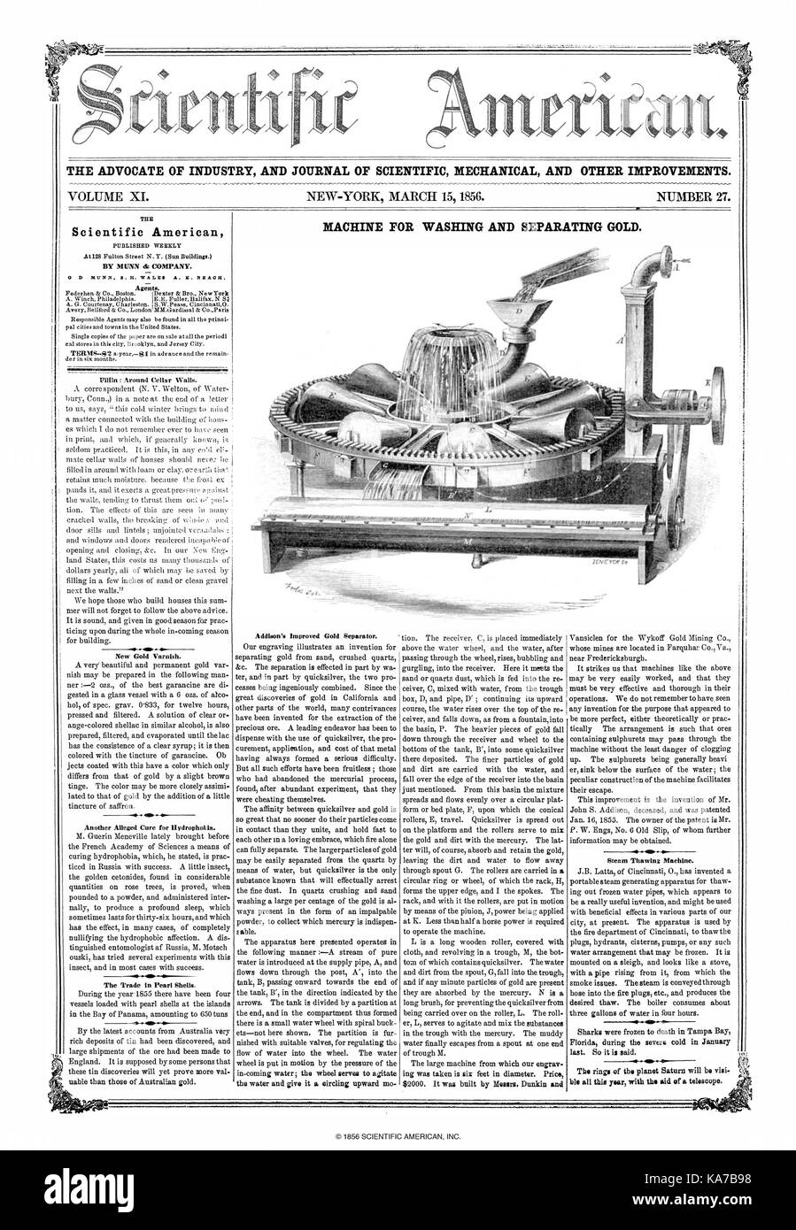 Gold una lavadora de oro mejorada, tal y como aparece en Scientific American en 1856 Foto de stock