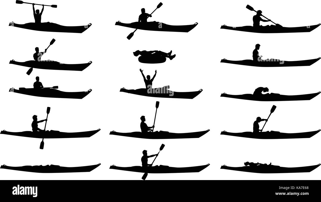 Hombre en kayak silueta set Ilustración del Vector