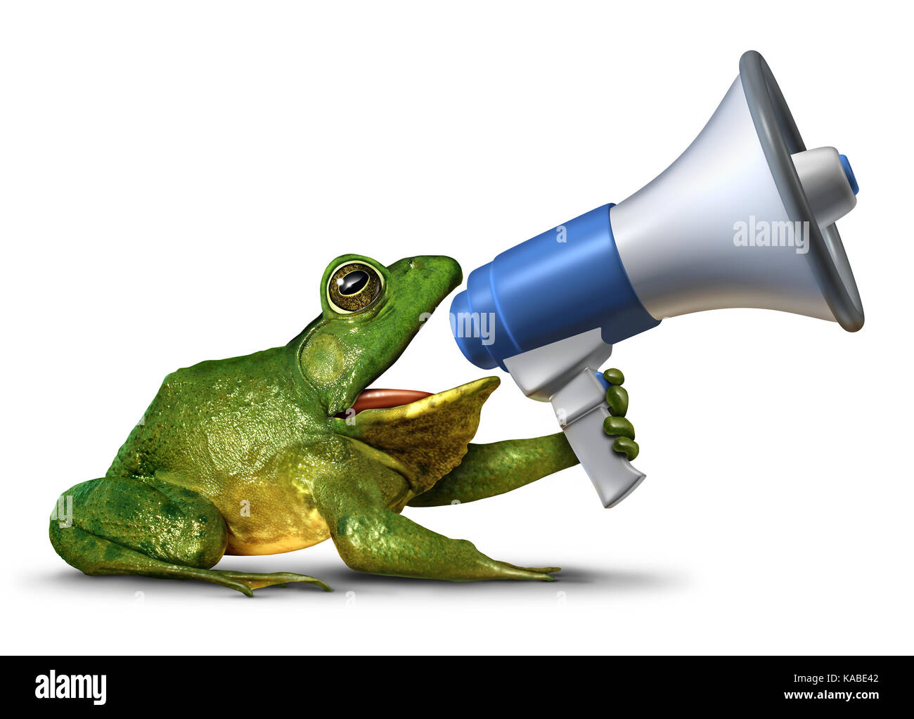 Locutor de rana como un anfibio verde sosteniendo un megáfono o megafonía gritando un mensaje como promoción de publicidad y marketing. Foto de stock