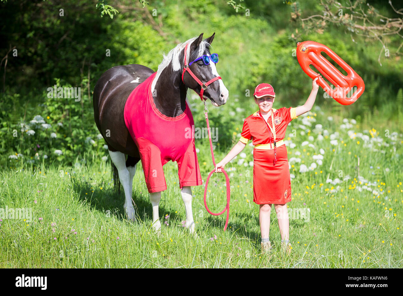 American Paint Horse. Niño y caballo en trajes de vigilante de la playa (baywatch). Austria Foto de stock