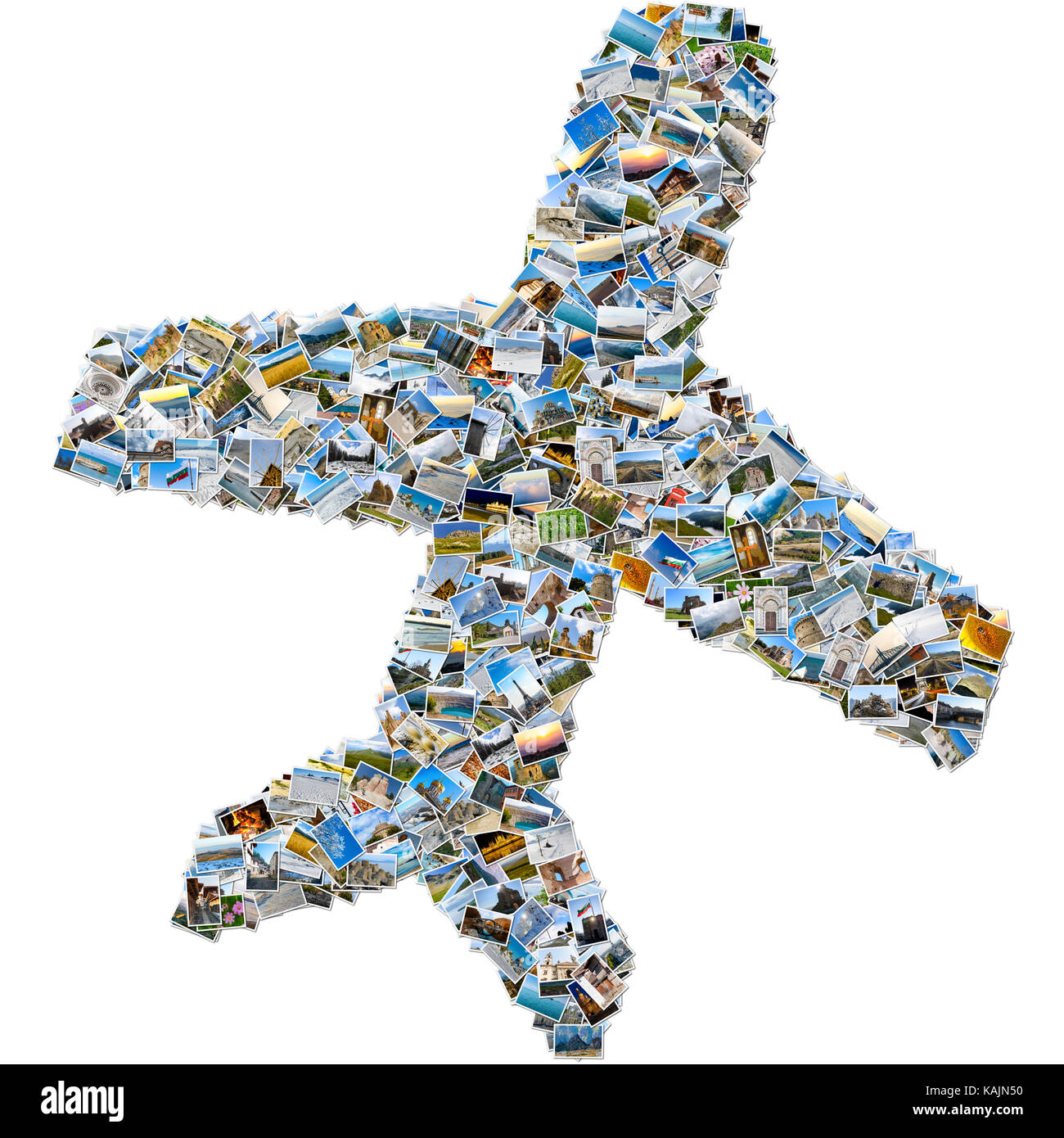 Collage de fotos - avión tipo mosaico de imágenes de viaje subiendo y aislado sobre fondo blanco. Foto de stock