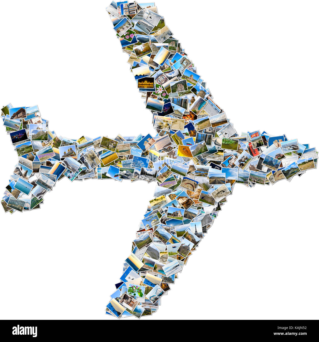 Collage de fotos - avión tipo mosaico de imágenes de viajes va derecho y aislado sobre fondo blanco. Foto de stock