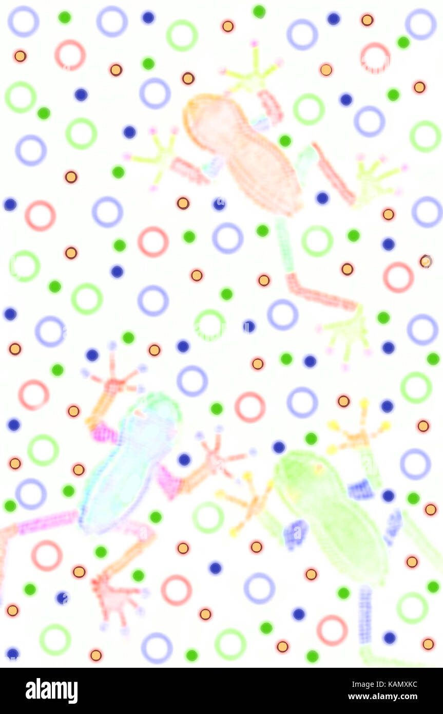 Las ranas venenosas lentamente a través de la ilustración que contenga puntos y círculos en colores pastel. Foto de stock