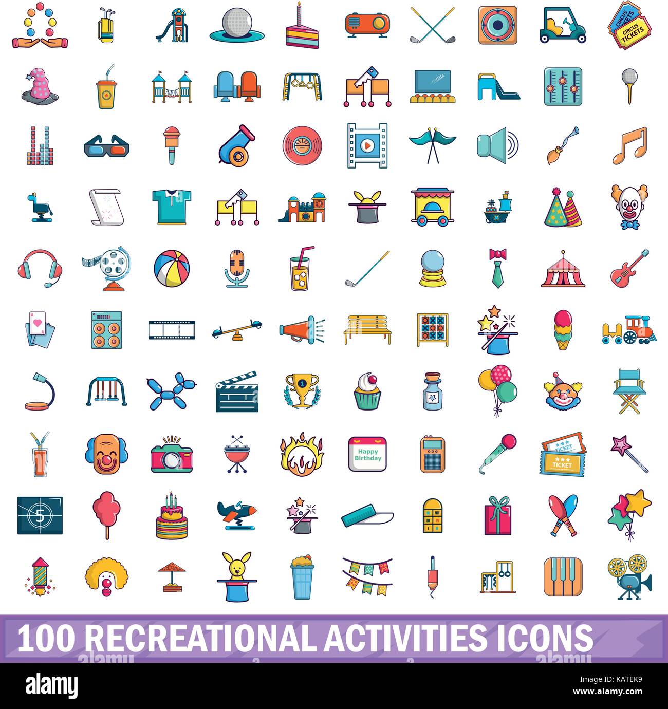 100 actividades recreativas, conjunto de iconos de estilo de dibujos  animados Imagen Vector de stock - Alamy
